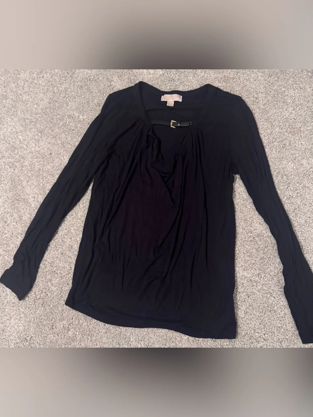 Michael Kors Black Long Sleeve Scoop Neck Top with Buckle Accent